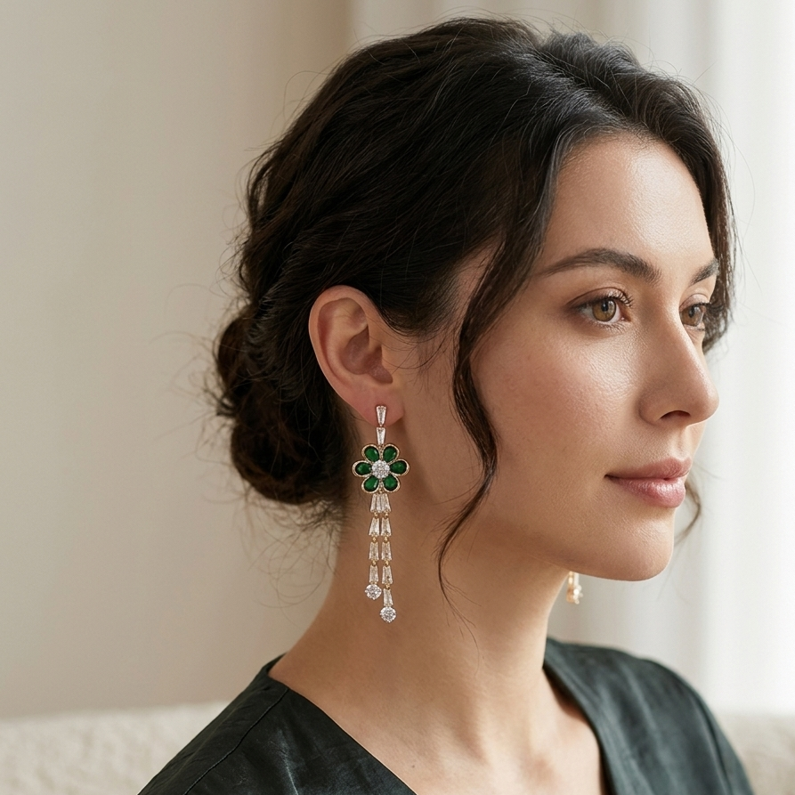 Earrings｜Emerald Green Bloom Tassel Drop Earrings | Floral Statement | Evening Jewelry