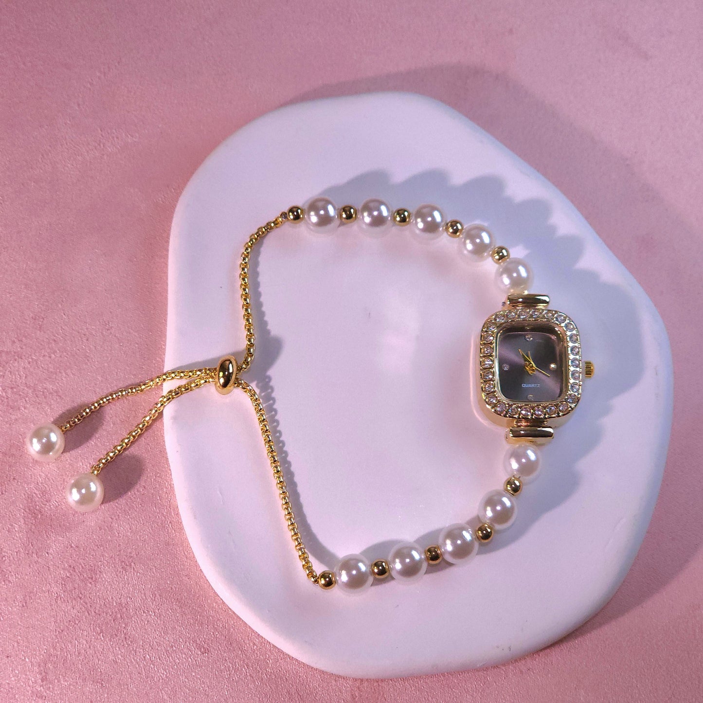 Watch|Elegant Pearl Drawstring Bracelet Watch for Women | Adjustable Bolo Chain Cushion Face | Multi-color Options