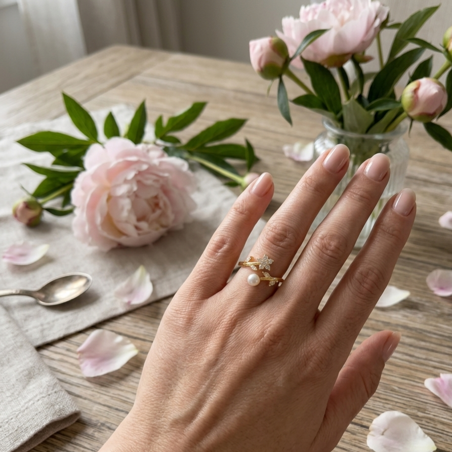 Ring｜Blossom Pearl Open Ring – Floral CZ Adjustable Statement Ring | Pearl Flower Jewelry