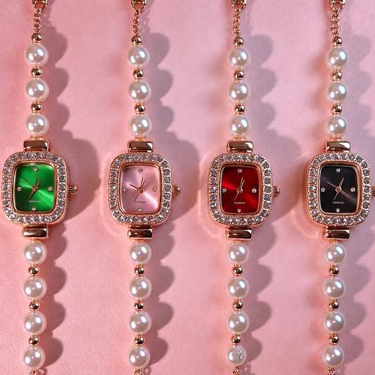 Watch|Elegant Pearl Drawstring Bracelet Watch for Women | Adjustable Bolo Chain Cushion Face | Multi-color Options