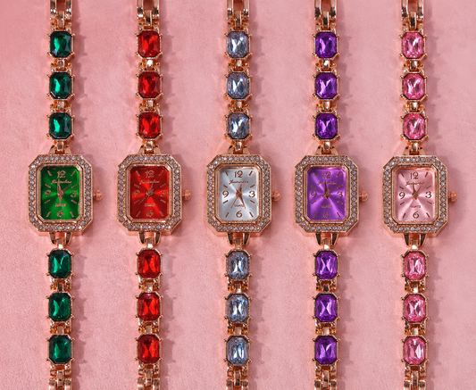 Watch|Luxury Emerald-Cut CZ Bracelet Watch for Women | Vintage Crystal Rectangular Bezel in Rose Gold | Multi-Color Options