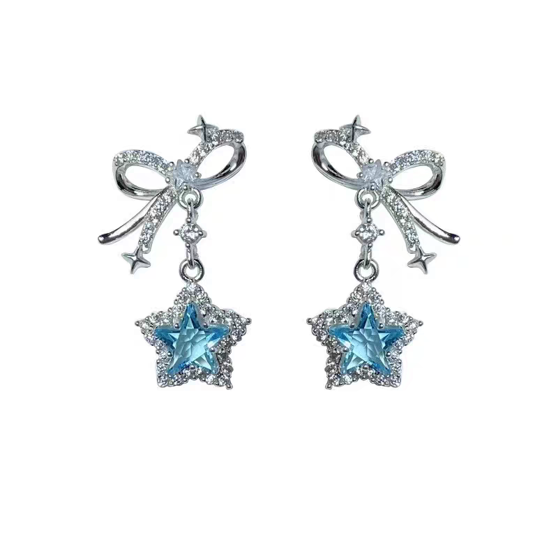 Earrings｜Blue Star Bow Dangle Stud Earrings | Sparkling CZ Drop Earrings