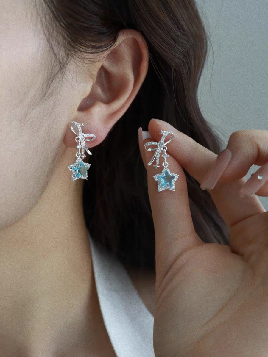 Earrings｜Blue Star Bow Dangle Stud Earrings | Sparkling CZ Drop Earrings