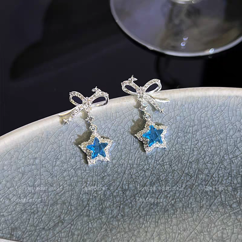 Earrings｜Blue Star Bow Dangle Stud Earrings | Sparkling CZ Drop Earrings